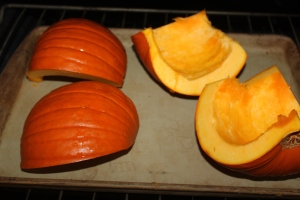 Roast pumpkin quarters either face down or face up - I prefer face down for easy peeling of the rind