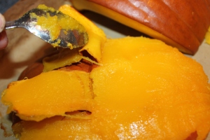 Peeling back the rind of the pumpkin after roasting. 